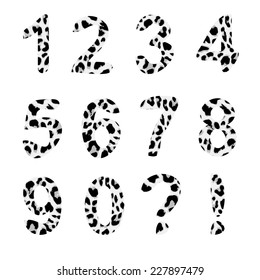 Vector alphabet numbers, exclamation and question mark, trendy leopard pattern, isolated vector elements