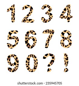 Vector alphabet numbers, exclamation and question mark, trendy leopard pattern, isolated vector elements