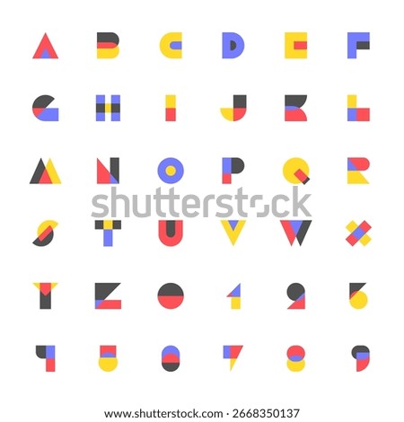 Vector Alphabet and Numbers in Flat Bauhaus Style with High Contrast Primary Colors on White