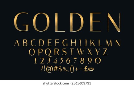 Vector alphabet with numbers, realistic isolated golden font letters for template decoration and layout on dark background