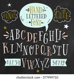 Vector alphabet and numbers set. Handwriting white letters and signs in vintage chalk style on black background. Ideal for use as headline or sub-head text in you design.