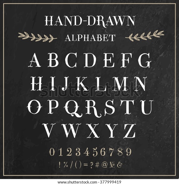 ベクターアルファベットと数字セット 黒い背景に手書きの白い文字とサインをビンテージチョークスタイルで表示 フォントは1900年初頭のタトゥーのビンテージから着想を得た のベクター画像素材 ロイヤリティフリー
