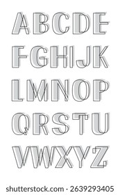 Vector alphabet with offset outlines and abstract shadowed style. Creative typographic design in black and white with artistic depth.