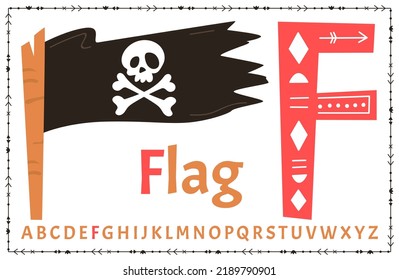 Alfabeto vectorial sobre el tema del pirata marino. Letra F. Marca.