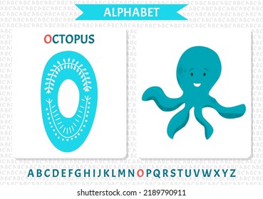 Vector alphabet on sea pirate's theme. Letter O. Octopus