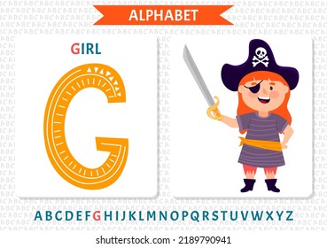 Vector alphabet on sea pirate's theme. Letter G. Girl