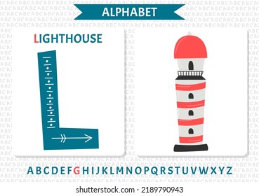 Vector alphabet on sea pirate's theme. Letter L. Lighthouse.
