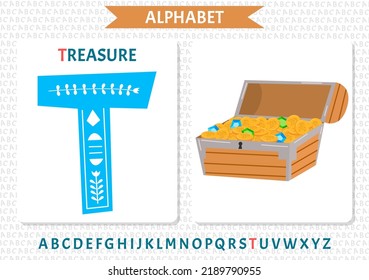 Vector alphabet on sea pirate's theme. Letter T. Treasure. Chest with gems