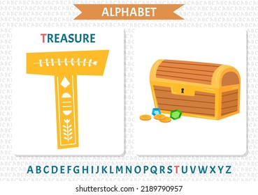 Vector alphabet on sea pirate's theme. Letter T. Treasure