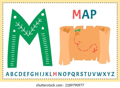 Vector alphabet on sea pirate's theme. Letter M. Map