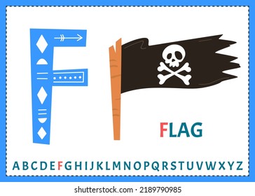 Vector alphabet on sea pirate's theme. Letter F. Flag.