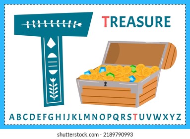 Vector alphabet on sea pirate's theme. Letter T. Treasure. Chest with gems
