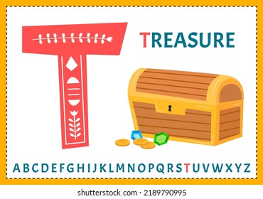 Vector alphabet on sea pirate's theme. Letter T. Treasure