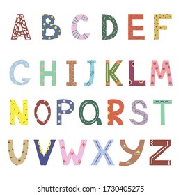 Vector alphabet on a white background in cartoon style. Bright modern illustration for children, nursery, poster, postcard, birthday, paper packaging design, baby t-shirts.