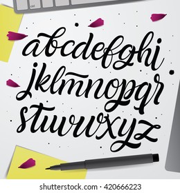 Vector Alphabet. Painted Type. Handwritten Script Font. Hand Lettering and Custom Typography art for Designs: Logo, Cards, etc. Brush Typeface isolated on grey background.
