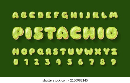 Vector alphabet of phistachio donuts. Bakery sweet tasty font. Phistachio green letters and numbers with stars on the green background. Food lettering. Cake and cookies isolated baby glazed dessert