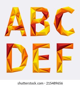 Vector alphabet of polygons. A, b, c, d, e, f. Orange yellow ABC.