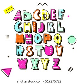 Vector alphabet in retro style. Memphis type isolated.