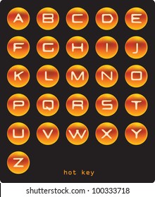 Vector alphabet. Round glowing orange button with the letters / Hot button