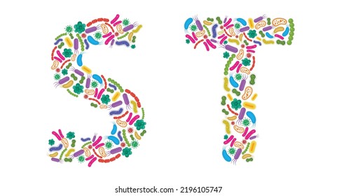 Vector alphabet S T made of Bacteria isolated on white background, bacteria font. Vector illustration.