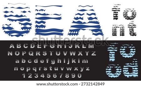 vector alphabet with sea waves and abstract fishes and other sea animals