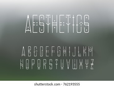  Conjunto de alfabetos vectoriales. El capital muestra la fuente de línea delgada en estilo geométrico con puntos en un fondo borroso. Tema Hipster.
