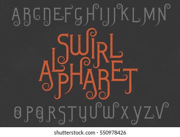 Vector alphabet set. Capital grunge letters with decorative flourishes in the Art Nouveau style. Red and gray font on black background.