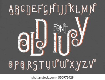 Vector alphabet set. Capital grunge letters with decorative flourishes in the Art Nouveau style. White font on black background.