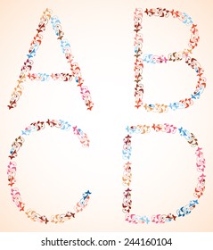 Vector alphabet, set of capital letters A B C D, made of multicolor branches with spirals and leaves. 