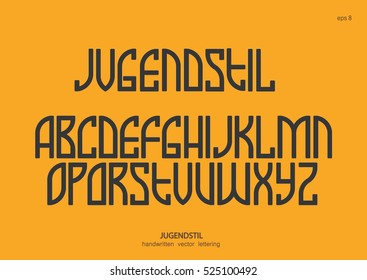 Vector alphabet set. Capital letters in the Art Nouveau style, Egyptian graphics. Black letters on a yellow background.