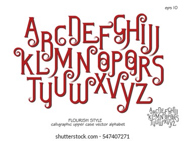 Vector alphabet set. Capital letters with decorative flourishes in the Art Nouveau style. Red letters on a white background.