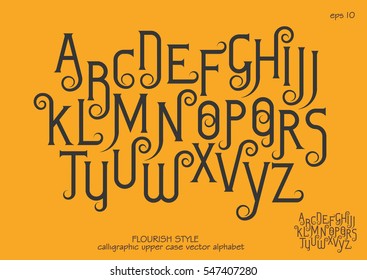 Vector alphabet set. Capital letters with decorative flourishes in the Art Nouveau style. Black letters on a yellow background.