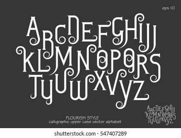 Vector alphabet set. Capital letters with decorative flourishes in the Art Nouveau style. White letters on black background.