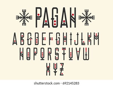 Vector alphabet set. Capital letters in geometric ethnic style with red points. For hipster theme, trendy posters.