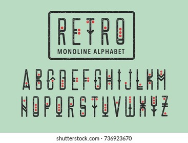 Vector alphabet set. Capital letters in geometric retro style with red points. For hipster theme, grungy posters.