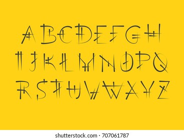 Vector alphabet set. Capital serif letters in cuneiform style. Black letters on yellow background.