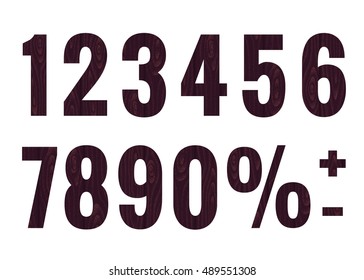 Vector alphabet set. Dark brown wooden numbers 1, 2, 3, 4, 5, 6, 7, 8, 9, 0, percent sign, plus sign, minus sign