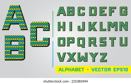 Vector Alphabet Set - diamonds pattern - blue, yellow and green