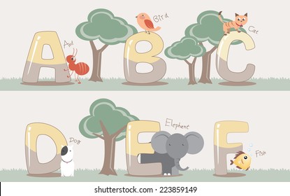 Vector alphabet set from A to F with cute animals