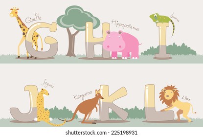 Vector alphabet set from G to L with cute animals