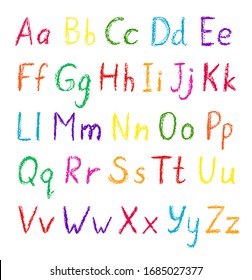 Vector alphabet set. Hand drawn wax crayons font on white background. Isolated chalk style abc. Children drawling style color letters collection. Bright colorful childish symbols. Chalk styled type. 