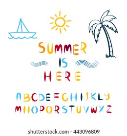 vector alphabet. set of letters with sun, palm and ship isolated on white background .