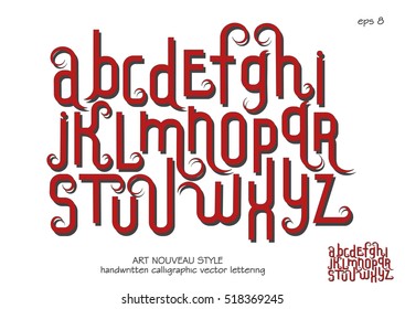 Vector alphabet set. Lowercase letters with decorative flourishes in the Art Nouveau style. Red letters on a white background.