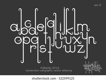 Vector alphabet set. Lowercase letters with decorative flourishes in the Art Nouveau forging style. White letters on black background.