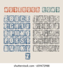 Vector alphabet set. Pen strokes font. Punctuation symbols and numbers in collection. Grunge texture effect
