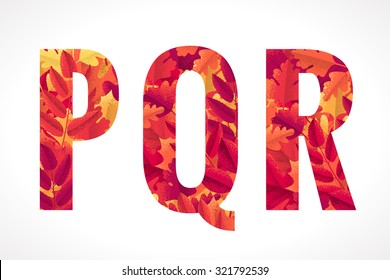 Vector alphabet set. Retro autumn leaves letters P, Q, R. Maple, oak, rowan, hawthorn leaves