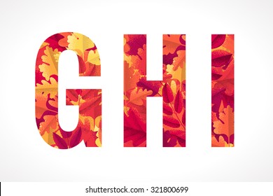 Vector alphabet set. Retro autumn leaves letters G, H, I. Maple, oak, rowan, hawthorn leaves