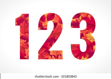 Vector alphabet set. Retro autumn leaves numbers 1, 2, 3. Maple, oak, rowan, hawthorn leaves
