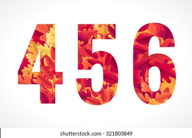 Vector alphabet set. Retro autumn leaves numbers 4, 5, 6. Maple, oak, rowan, hawthorn leaves