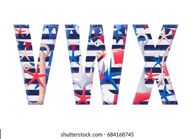 Vector alphabet set. Retro maritime letters V, W, X. Striped vest with flags, seashells, starfishes, anchors  and life buoy